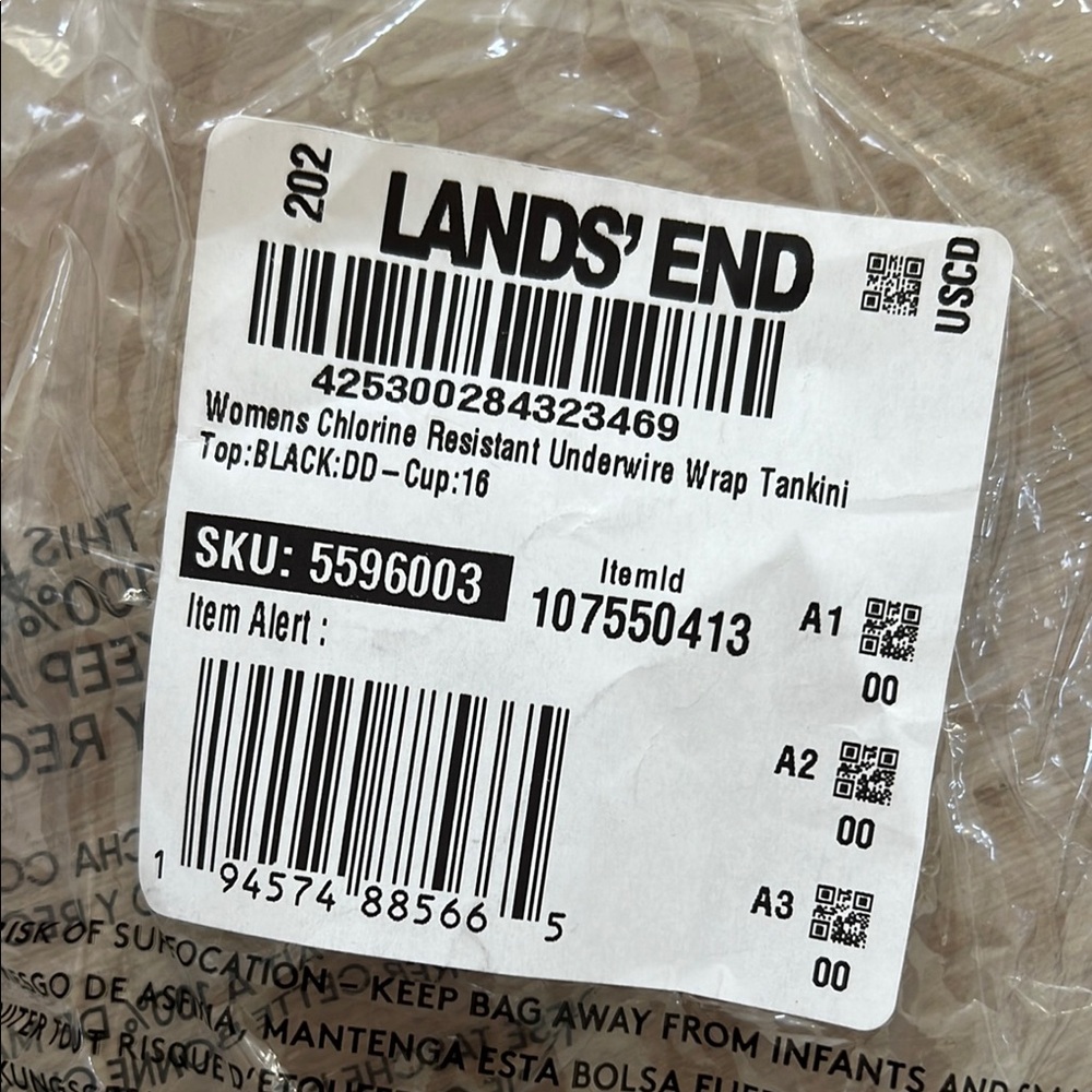 Lands End’ Underwire Wrap Tankini Swim Top 16DD 18DD Black - Picture 3 of 5